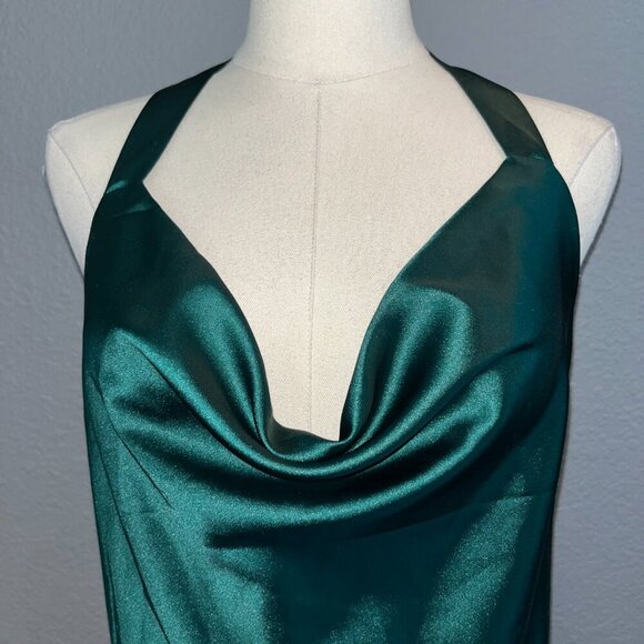 CANTON WALKER Emerald Green Satin Halter Backless Back Bow Mini Slip Dress - M - Picture 7 of 10